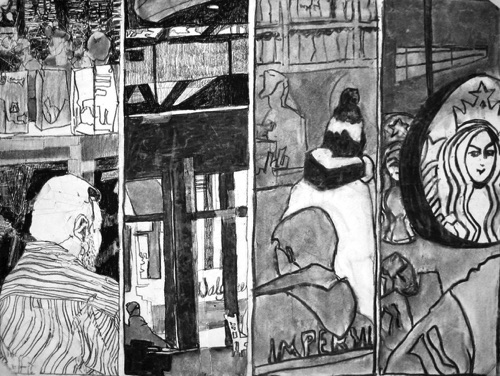 Starbucks Astor Place, 4-Panel;
Willow Charcoal/Paper, 2014;
18 x 24 in. Starbucks Astor Place, 4-Panel;
Willow Charcoal/Paper, 2014;
18 x 24 in.